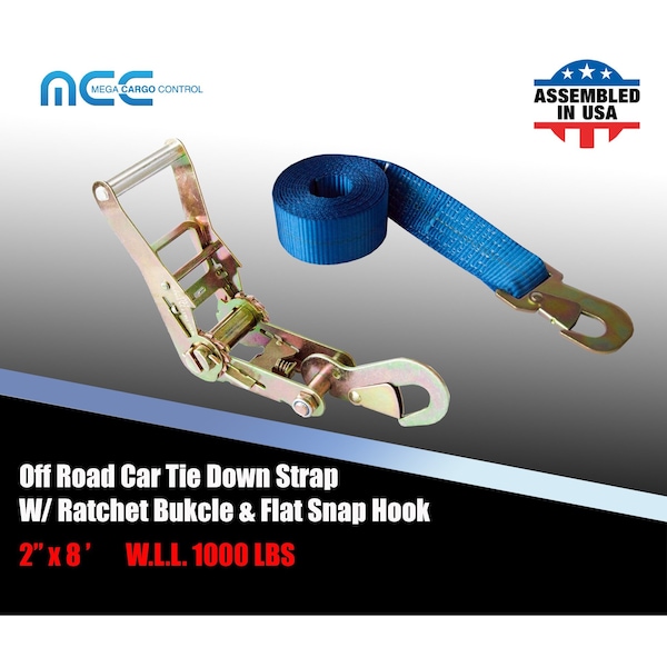 2" x 8' Off-Road Ratchet Tie Down Strap w/Snap Hook Auto Hauler Tow Truck Blue, 2PK